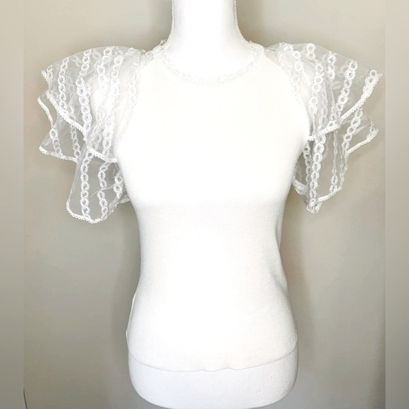 La’ Ros White Boho Sequin Flutter Sleeve Top Sweater Women Size Small - Picture 1 of 10